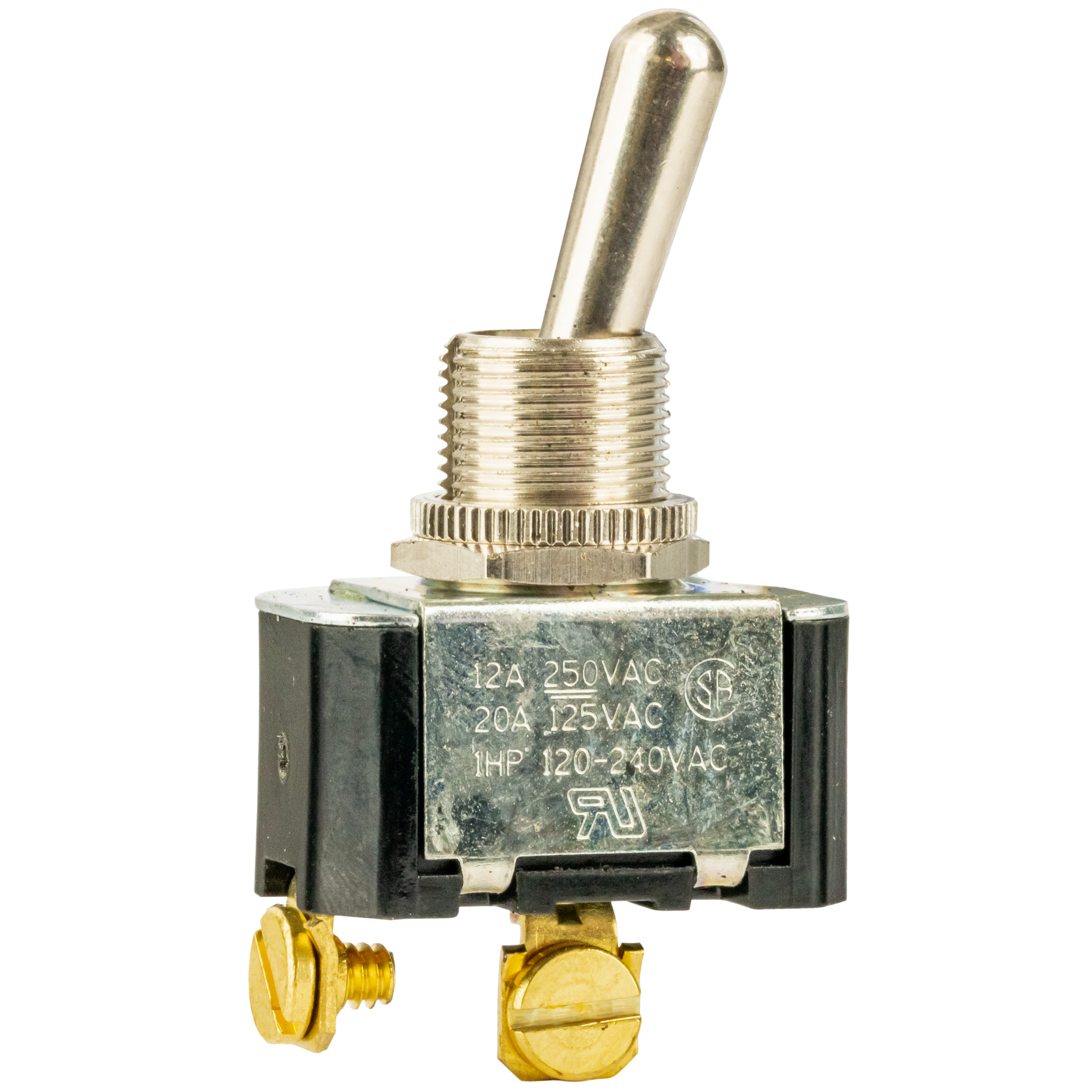 <ul><li>Off/on circuitry (Up: on; down: off)</li><li>Standard 11/16: chrome handle</li><li>UL/CSA listed</li><li>Two screw terminals</li><li>Conservative Electrical Ratings: 12V (dc) - 25 amps, lamp load, 35 amps, inductive load</li><li>125V (ac) - 20 amps</li><li>250V (ac) - 10 amps</li></ul>|